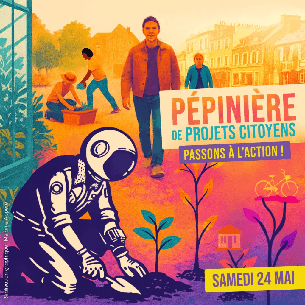 Affiche pour la première Pépinière de projets citoyens organisée par l'association Plabennec en Transition, le 24 mai 2025. Réalisation graphique Mélanie Appéré.